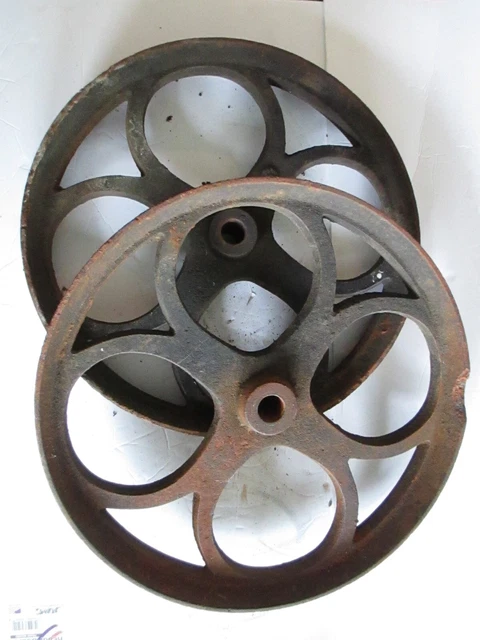 Vtg PAIR antique cast iron factory cart mine railroad 15 3/8" wheel caster BP04