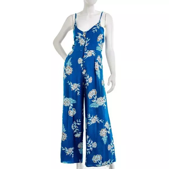 Roxy Jumpsuit Size L Womens Floral Wide Leg Sleeveless Blue Rust Orange