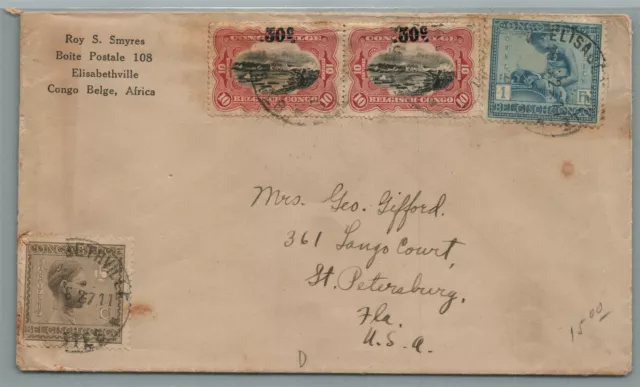 BELGIAN CONGO AFRICA to FLORIDA USA ANTIQUE COVER w/ STAMPS