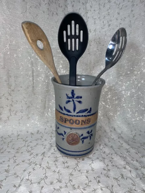 Glazed Pottery Art Tall Spoon Utensil Holder/ Crock Stoneware 7”x4” Kitchenware