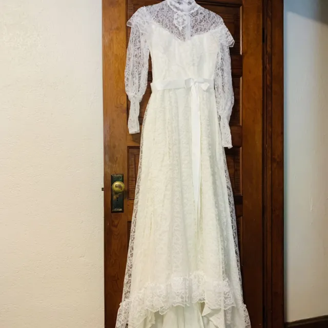 Vtg 70s Bridal Gown S Boho Lace High Neck Vicorian White Long Sleeve Bridallure