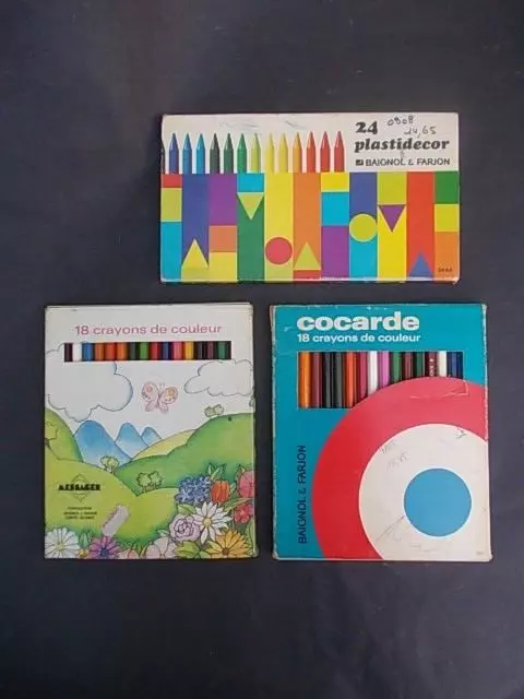 Superbe lot 3 boîtes Crayons Baignol Farjon Cocarde Plastidécor Messager Conte !