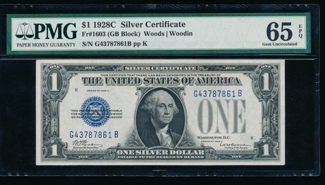 AC 1928C $1 Silver Certificate PMG 65 EPQ G-B block GEM AND KEY Fr 1603