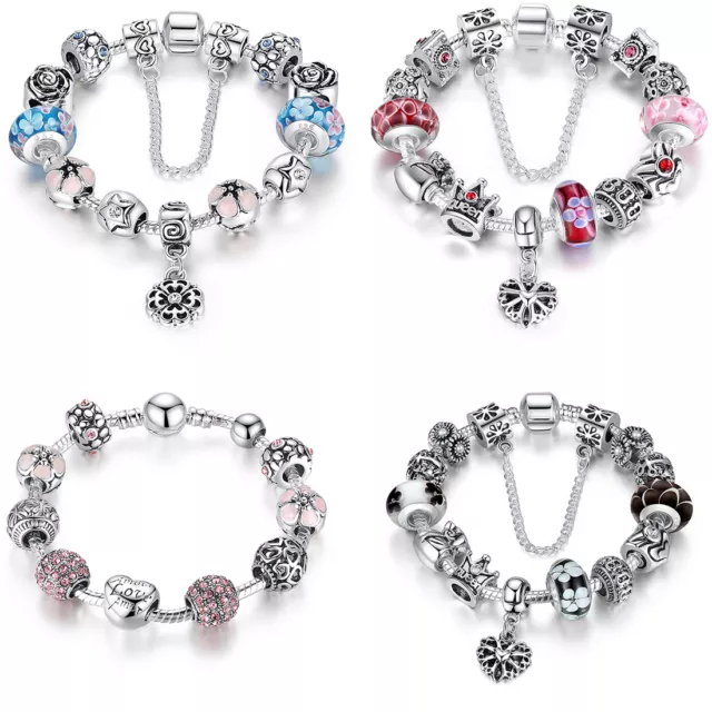 Variety European Silver Plated Charms Bracelet with CZ beads Christmas Jewelry