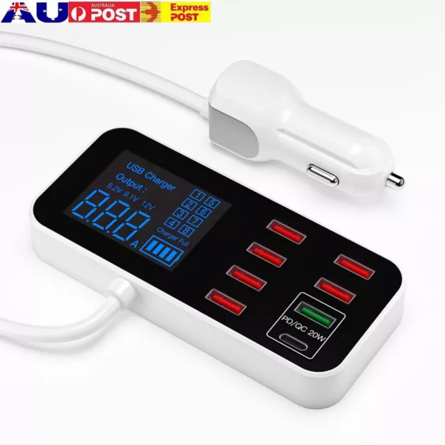 8 Port Multi USB Type-C HUB Adapter Car Charger Dock Charging Station 40W QC