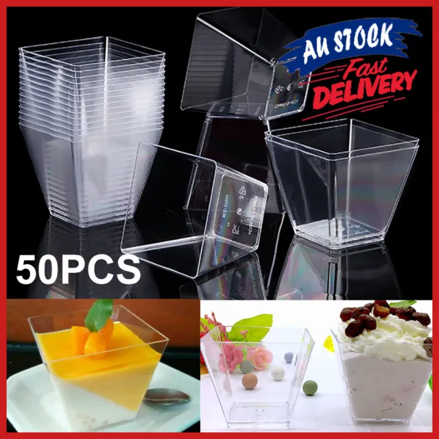 50x Plastic Cube Mousse Cake Tableware Square Party Clear 2oz Dessert Jelly Cups