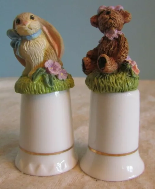 2 Vintage Bunny/Teddy Bear Thimbles Porcelain Bisque Sewing Collectible