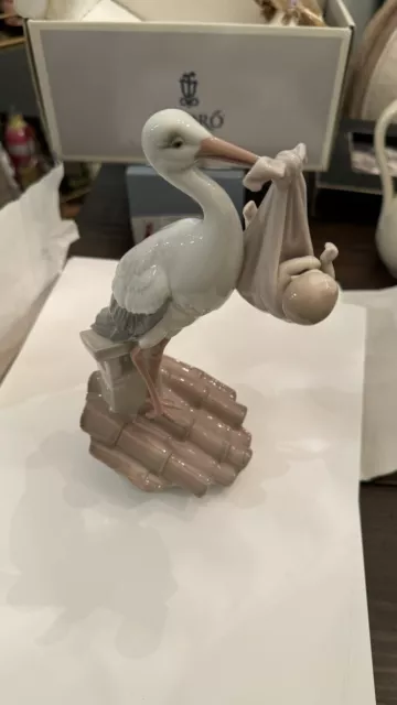 Vintage LLADRO New Arrival Stork Bird with Baby Pink Bundle Of  Joy #6382 Spain