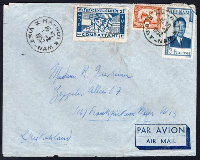 Vietnam 1952 airmail cover mixed franking + christmas seal Hanoi to Germany