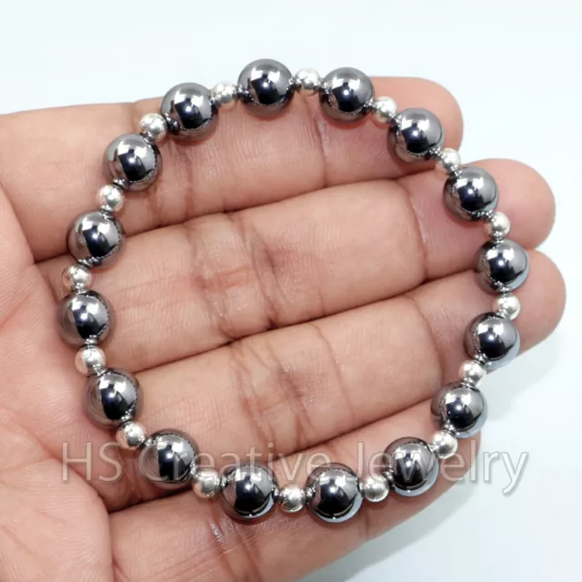 Pulsera elástica de plata esterlina 925 con cuentas de hematita natural para unisex 3