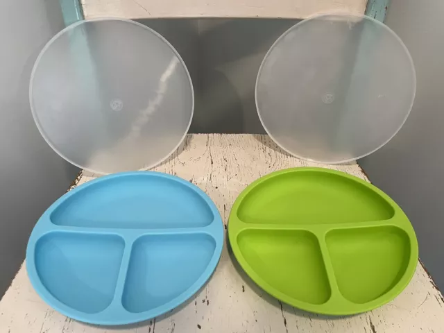 2 Wee Sprout Stay Put Silicone Plates Suction Divided Sections With Lids