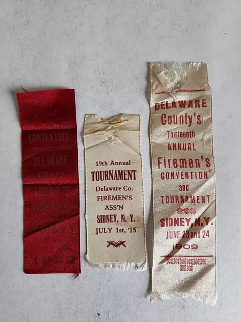 Lot of 3 Antique Sidney New York NY Firefighting Firemen Ribbons 1909 1915 1922