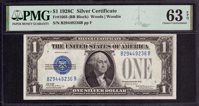 1928 C $1 Silver Certificate Note Fr.1603 Bb Block Pmg Choice Unc Cu 63 Epq
