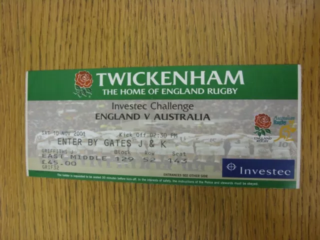10/11/2001 Ticket: Rugby Union - England v Australia [At Twickenham] (Folded). T