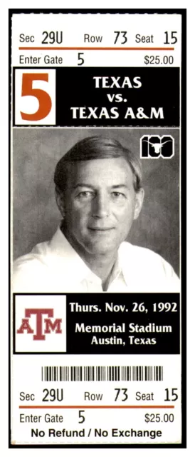 1992 Texas vs. Texas A&M College Football Full Ticket Near Mint