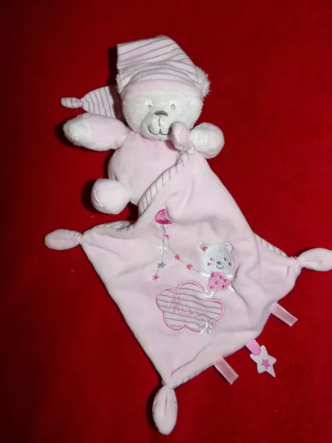 Doudou Peluche Max et Sax Ours Mouchoir Rose Rayures Grises