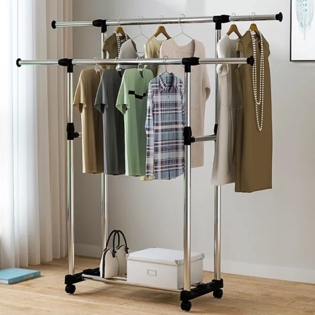 Clothes Rack Garment Holder Double Stainless Shelf Hanger Adjustable Coat AU