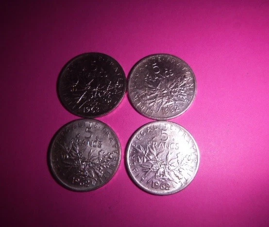 Lot 4 Pieces 5 Francs Semeuse 1962 (3) 1963 (1) En Argent