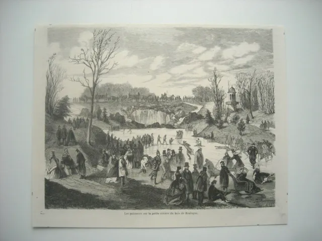 Gravure 1861. Les Patineurs Sur La Petite Riviere Du Bois De Boulogne.