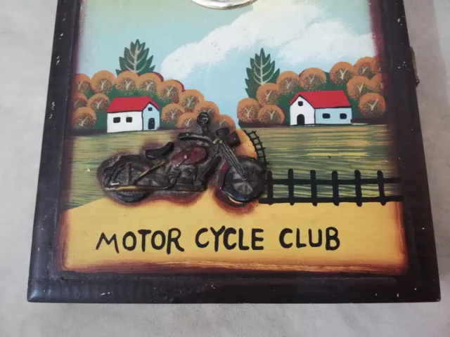 Vtg Rare 3D Harley Davidson Art Key Hooks Wall Wooden Cabinet Box Holder & Clock 3