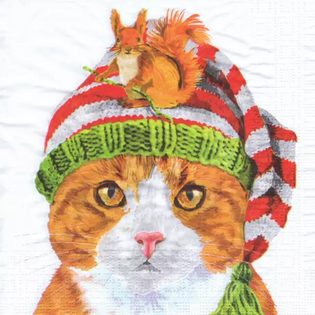 Serviettes En Papier Chat&Ecureuil En Hiver. Paper Napkins Cat&Squirrel Winter