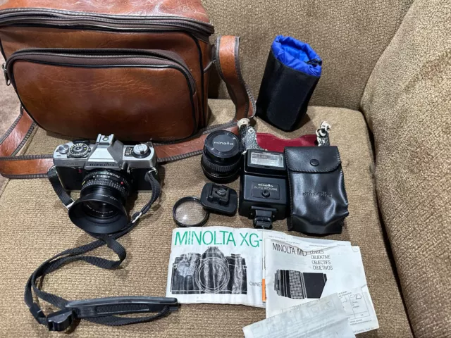 Minolta XG-1 35mm Film Camera ,2 lens ,flash Lens- Case-Owners Manual camera bag