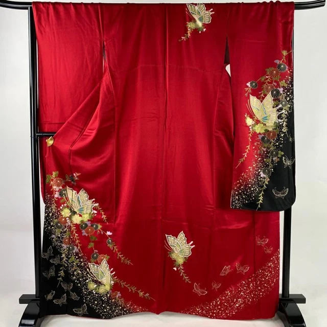 JAPANESE KIMONO FURISODE LONG SLEEVES LADIES WOVEN SILK GOLD BUTTERFLY 166cm