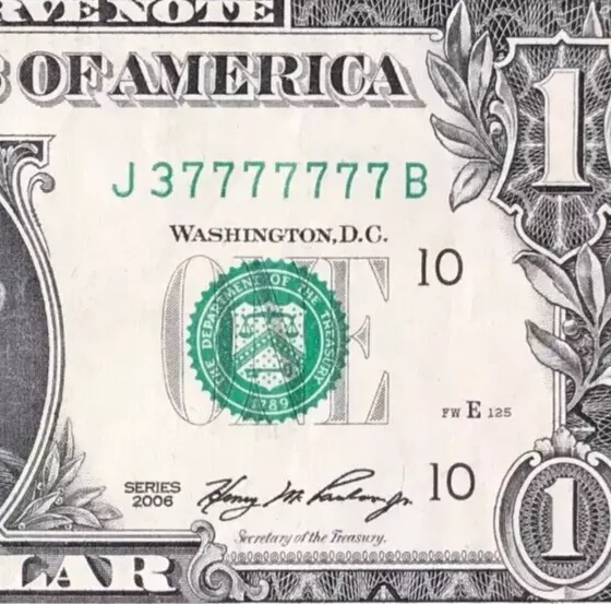 J 37777777 B : BINARY Near Solid 7 's $1 Dollar Bill Fancy Serial Number