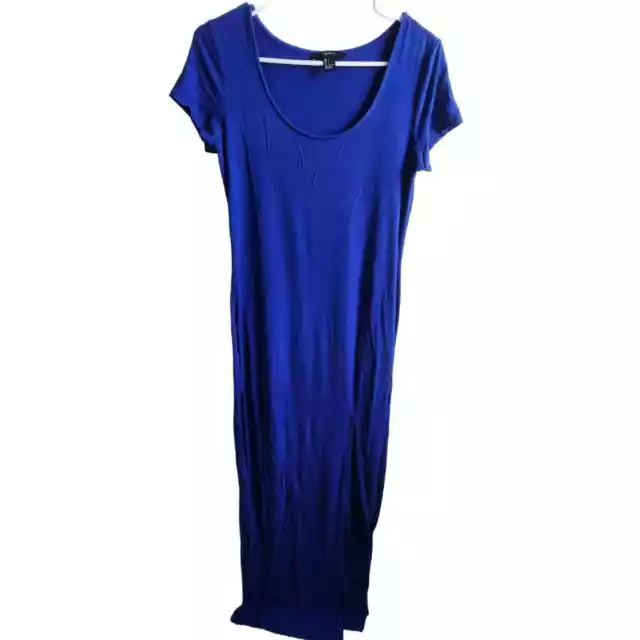 Forever 21 Womens Sz L Short Sleeve Shirt Dress Maxi Length Solid Blue