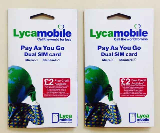 2 x BRAND NEW LYCA MOBILE PAYG Trio SIM CARD Standard/Micro/Nano