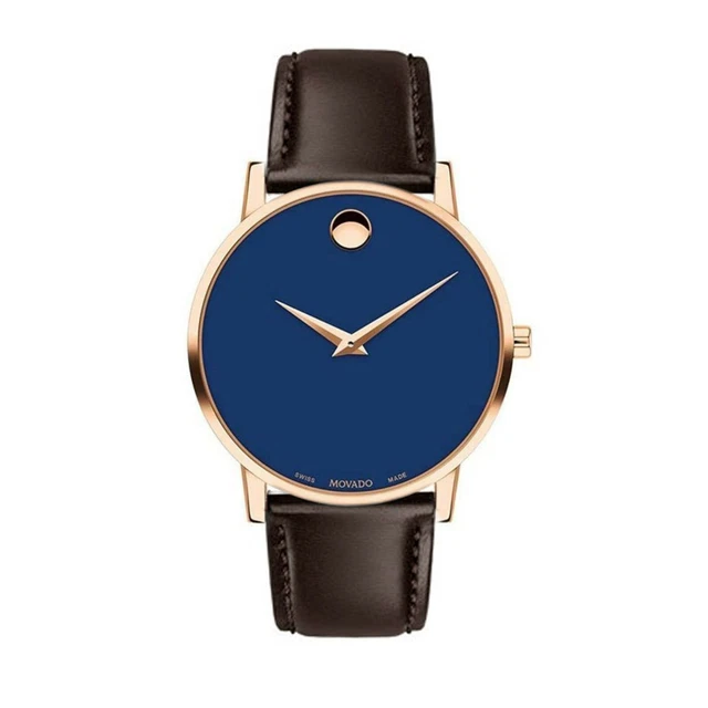 MOVADO Swiss Men's Museum Classic PVD Gold Blue Dial Brown Strap Watch 0607316