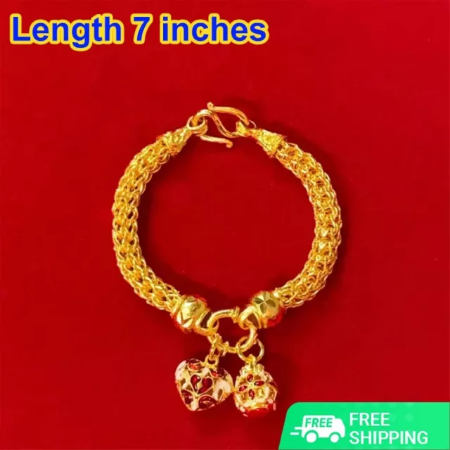 G51 Bracelet Thai Gold 24k Yellow  Solid Inche Chain Pendant 2 Baht Red Heart