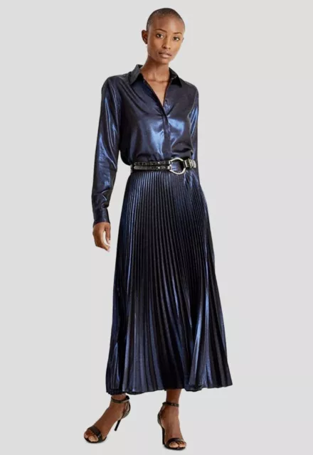 Ralph Lauren Black Label Midnight Blue Metallic Lame Pleat Maxi Skirt Sz 10 EUC