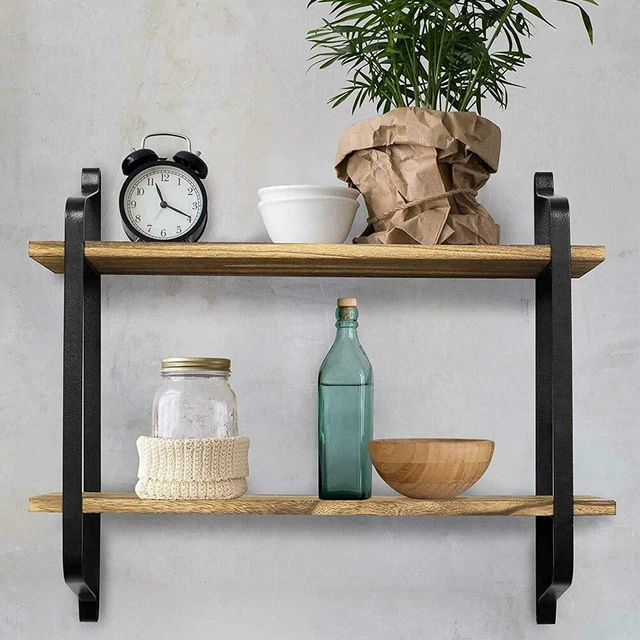 Floating Shelves Rustic Wood Wall Shelf Metal Frame Decorative Storage Shelving
