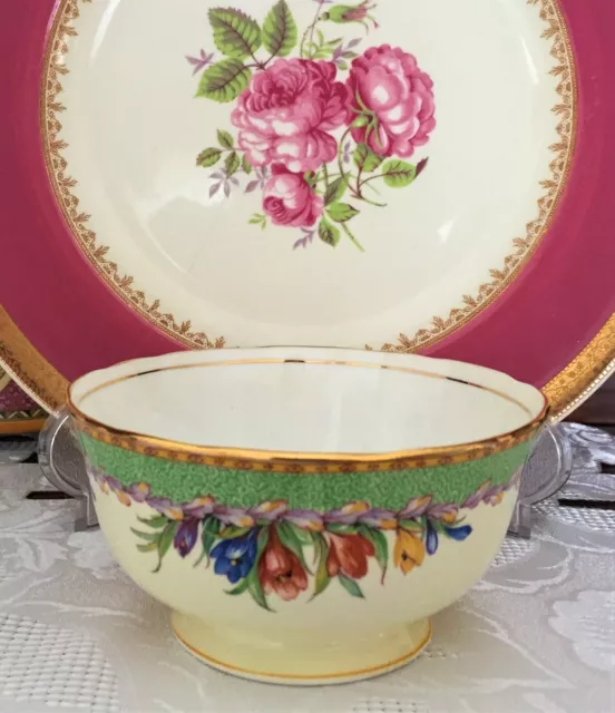 Vintage Aynsley Bone China England Green, Cream & Floral Sugar Bowl C1934-1950S