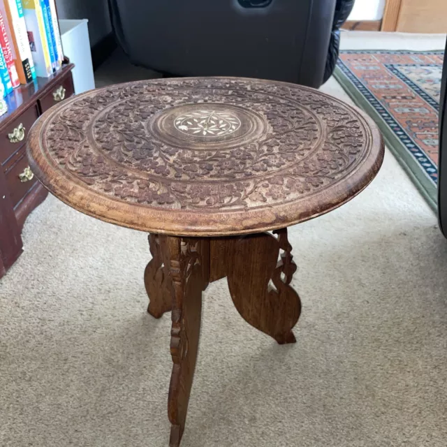 Vintage Carved Teak Wood Folding Table Plant Stand Inlay Wooden