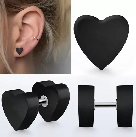 1 Pair Organic Carved Areng Wood Illusion Fake Ear Plug Heart Shaped Earrings US