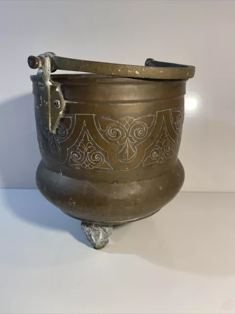 Antique Copper Brass Ash Coal Log Bucket Fireplace Planter Pail Ice Cauldron 9’’