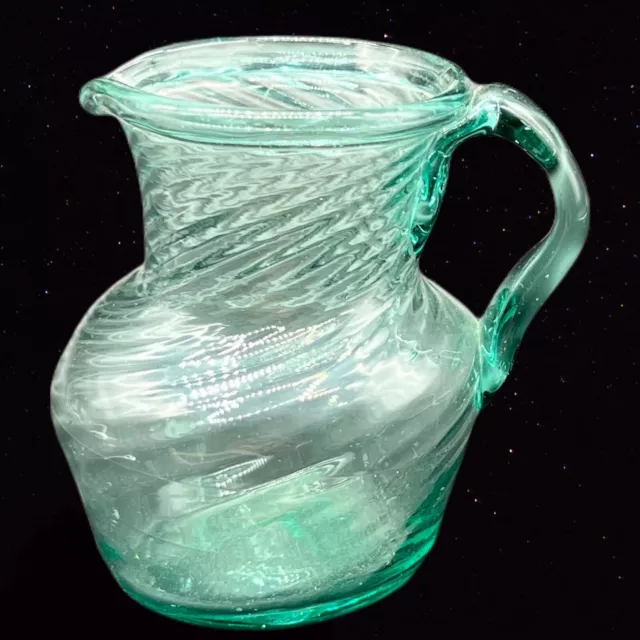 Studio Art Glass Miniature Pitcher Creamer Hand Blown Green Applied 3”T 2.5”T