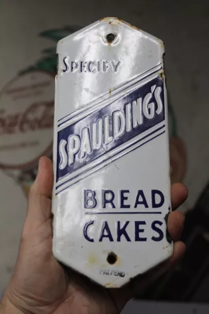 1950s SPECIFY SPAULDING'S BREAD CAKES STAMPED PORCELAIN METAL SIGN MUFFINS BREAD