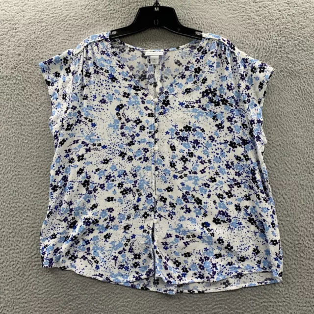 LIZ CLAIBORNE Blouse Womens XL Top Floral Short Sleeve Extra Large White*