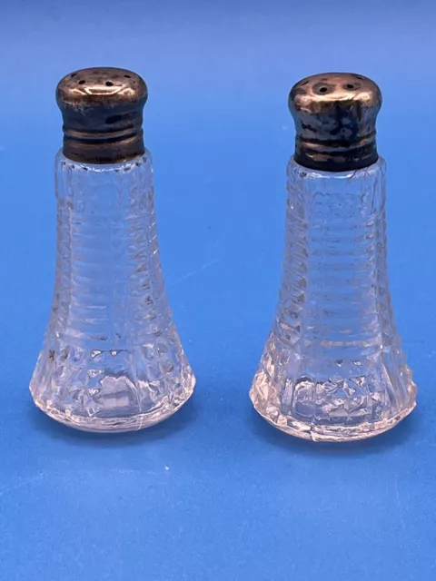 Pair Salt Pepper Shakers Cut Glass Sterling Lids Set Marked