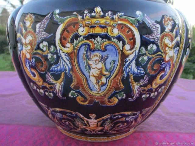 ANCIENNE JARDINIÈRE EN faïence signée FG82 (anse recollée) 27X12X14