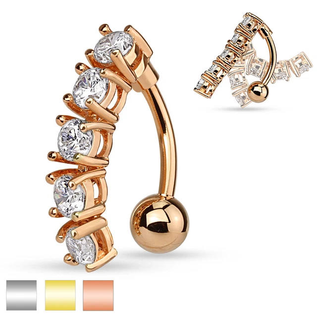 5 CZ Vertical Drop 14K Gold Plated Rose Surgical Steel Navel Belly Ring 14g 3/8"