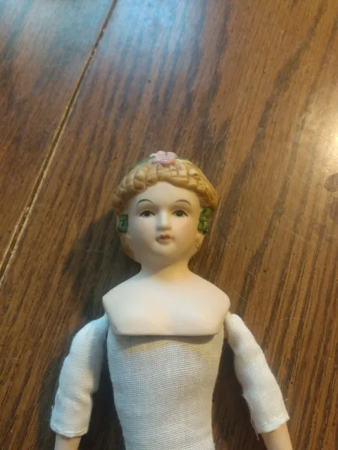Vintage Doll With Porcelain Head, Hands, Feet/Cloth Body - Blond Hair Blue Eyes