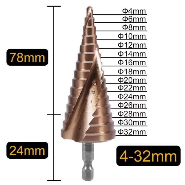 M35 HSS Cobalt Step Drill Bits Spiral Groove Hex Shank Flute Stepper Cone Drill