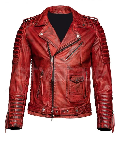 Giacca da moto uomo Cafe Racer retrò in pelle rossa casual biker pelle d'agnello
