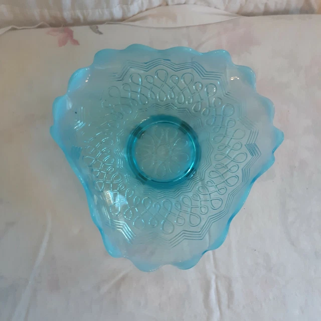 Antique Jefferson Glass Blue Opalescent Bowl Candy Dish Many Loops Pattern 