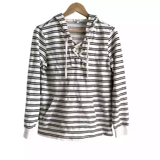 Splendid Small French Terry Hoodie Sweatshirt Lace-Up Front Cream Black Stripes