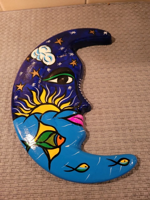 Mexican Talavera Pottery Moon 8.25” Multicolor Folk Art Wall Hang Decor